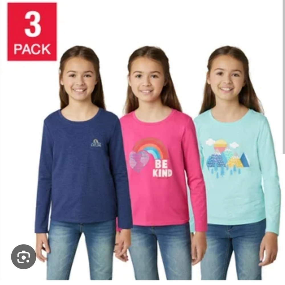 NWT Eddie Bauer Kids' Long Sleeve Tees 3-Pack - Navy, Pink, Light Blue ~L(14/16)